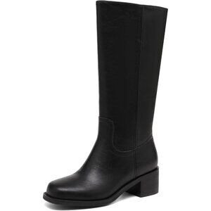 Women's Black Knee High Boots Square Toe Chunky Block Heel Long Boots